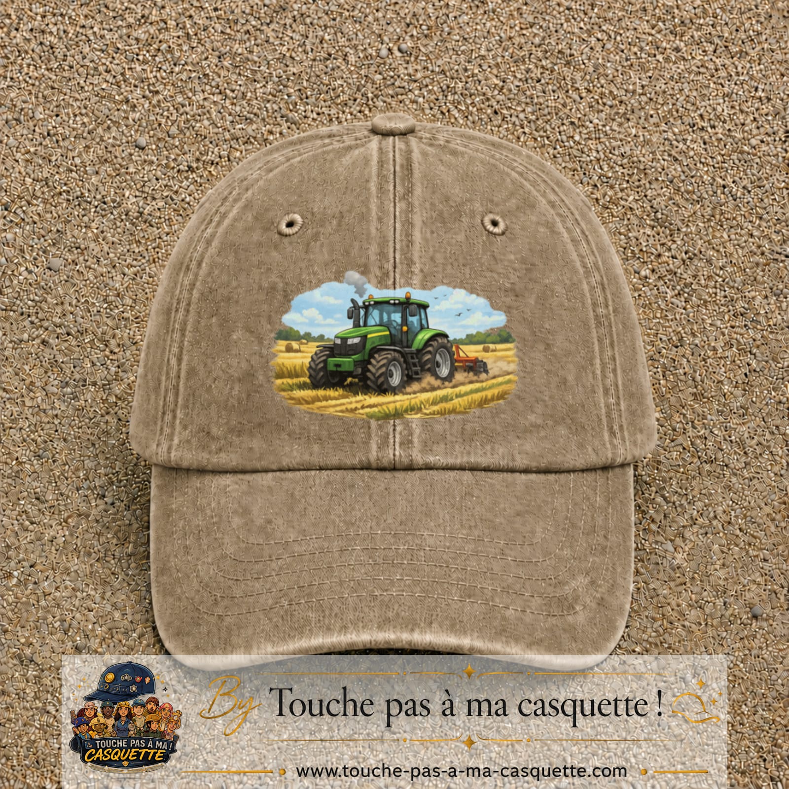 Casquette baseball Beige foncé délavé 100% coton avec motif Tracteur agricole 7 cm - image principale