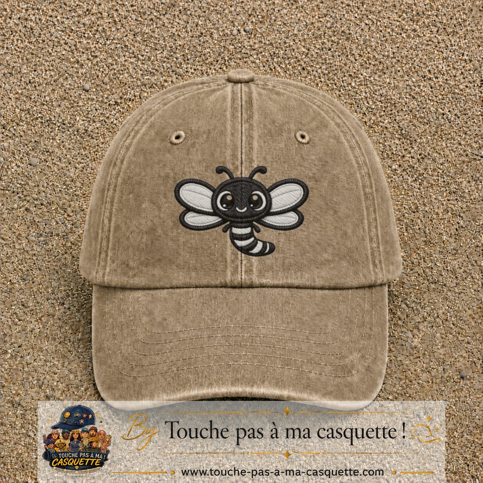 Casquette Beige foncé délavé motif Abeille souriante 7 cm - vue principale