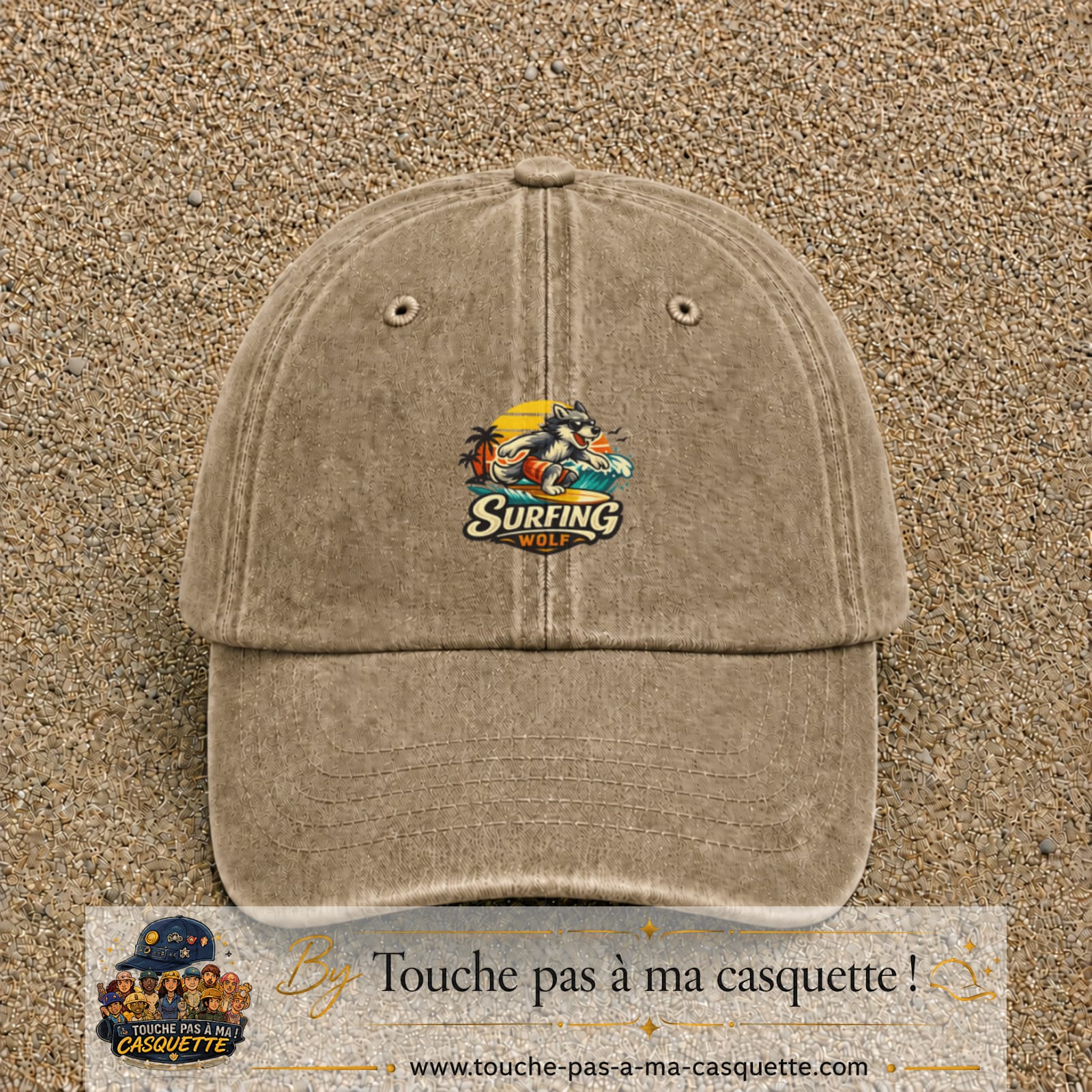 Casquette Beige foncé délavé 100% coton avec motif Surfing Wolf 5 cm - image principale