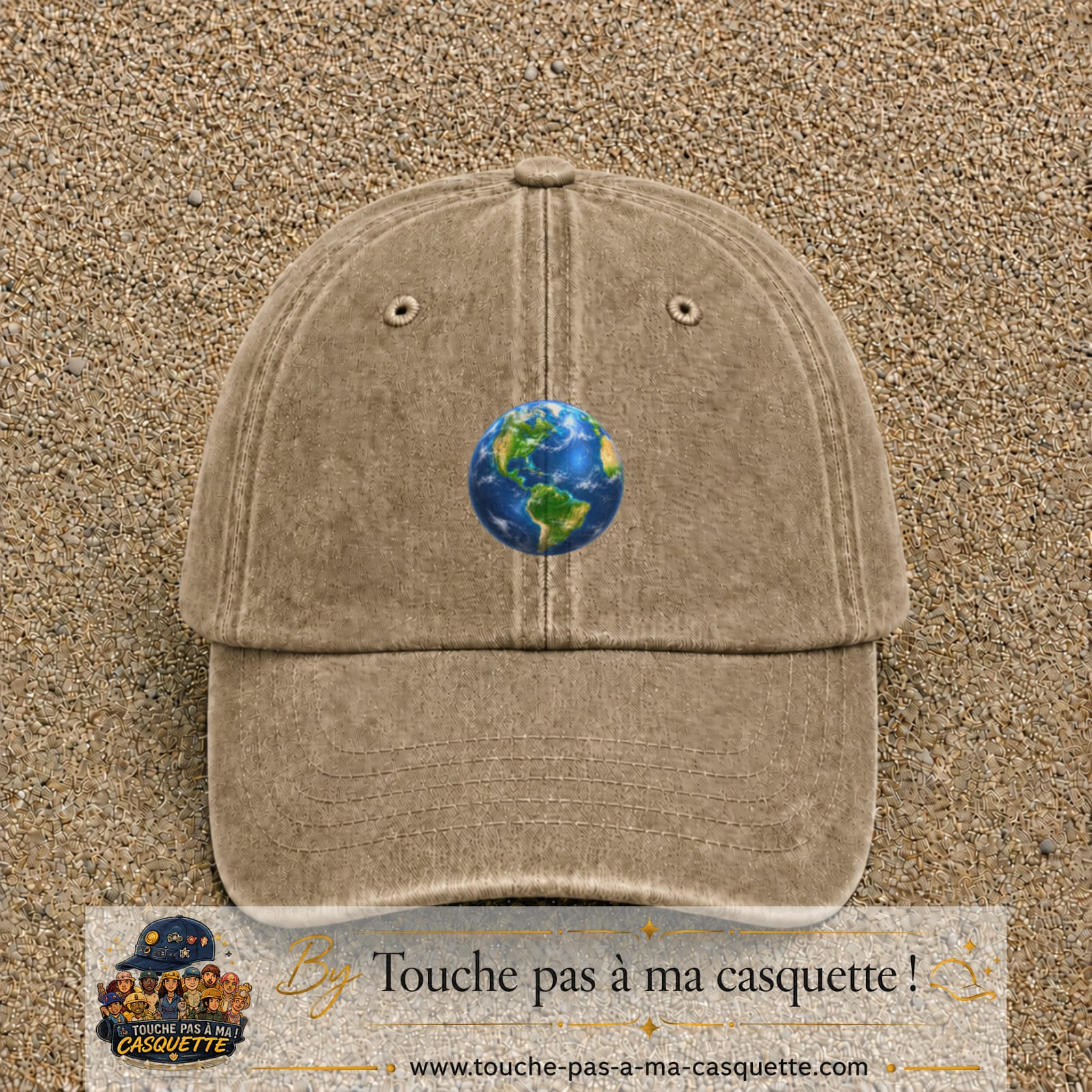 Casquette baseball Beige foncé délavé 100% coton avec visuel Planète Terre réaliste 5 cm - image produit principale