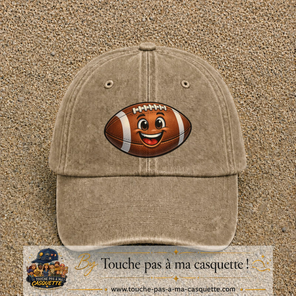 Casquette Beige foncé délavé 100% coton avec motif Ballon de rugby sourire 7 cm - image principale