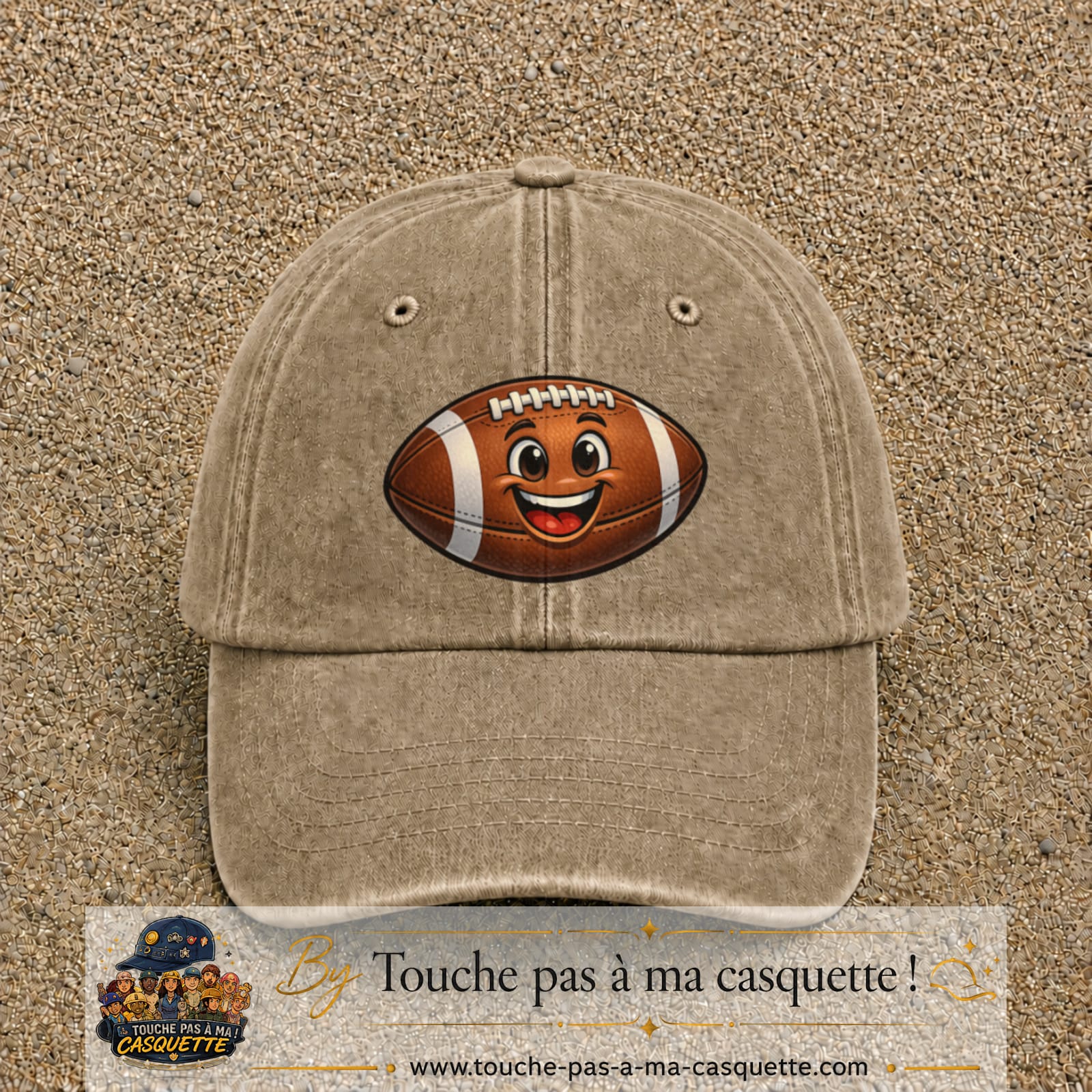Casquette Beige foncé délavé 100% coton avec motif Ballon de rugby sourire 7 cm - image principale