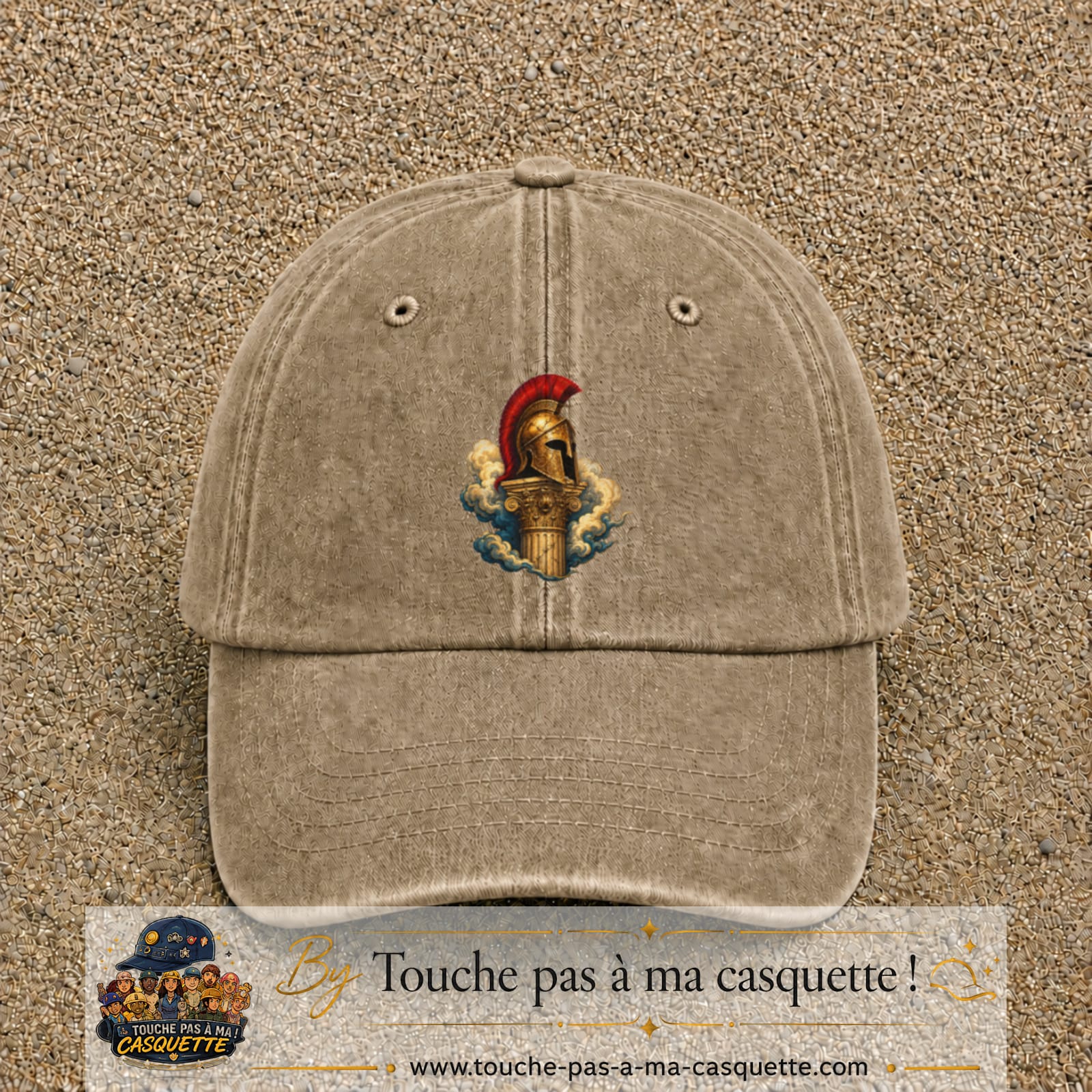 Casquette Beige foncé délavé 100% coton avec motif Casque spartiate sur colonne 7 cm - image principale