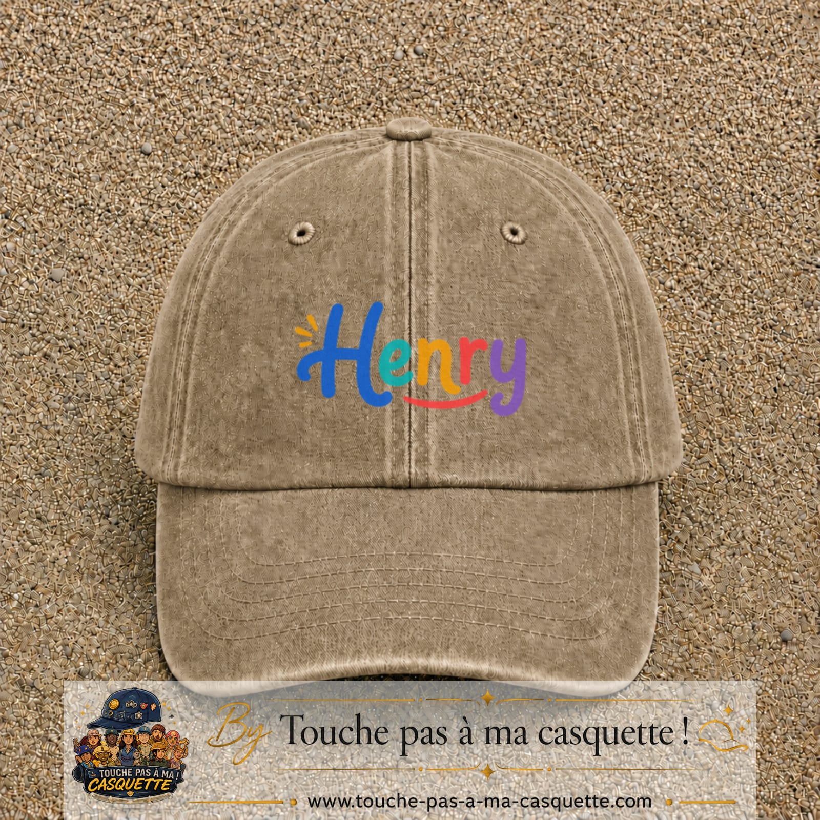 Casquette baseball Beige foncé délavé 100% coton avec visuel Prénom Henry coloré 5 cm - image produit principale