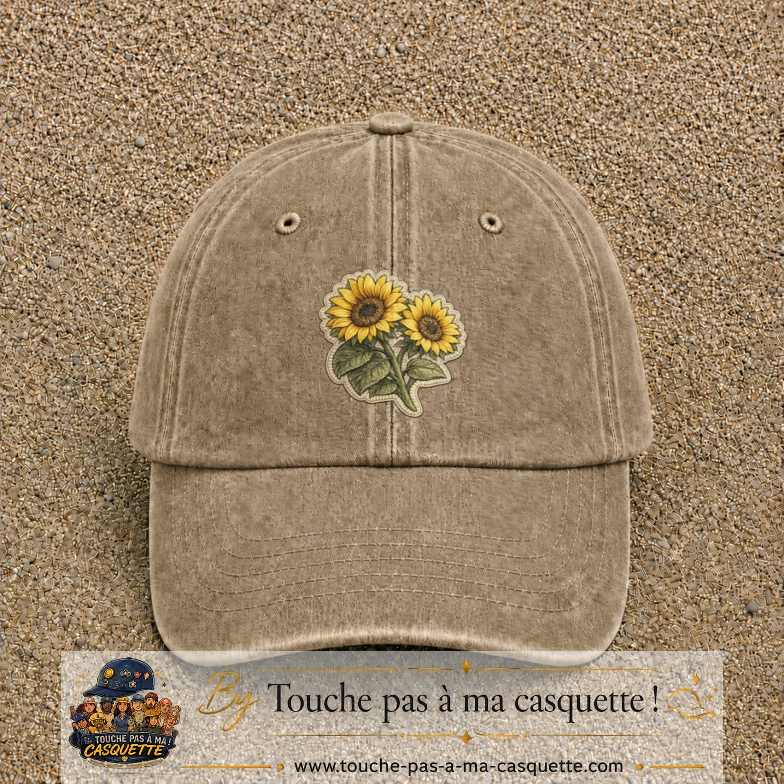 Casquette Beige foncé délavé motif Duo de tournesols 7 cm - vue principale
