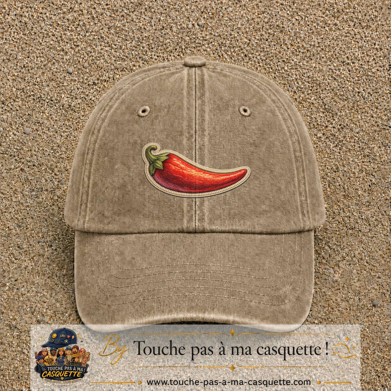 Casquette Beige foncé délavé motif Piment piquant 5 cm - vue principale