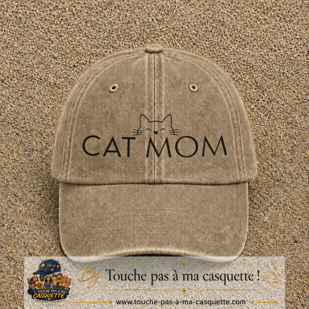 Casquette Beige foncé délavé 100% coton avec motif Cat Mom 7 cm - image principale