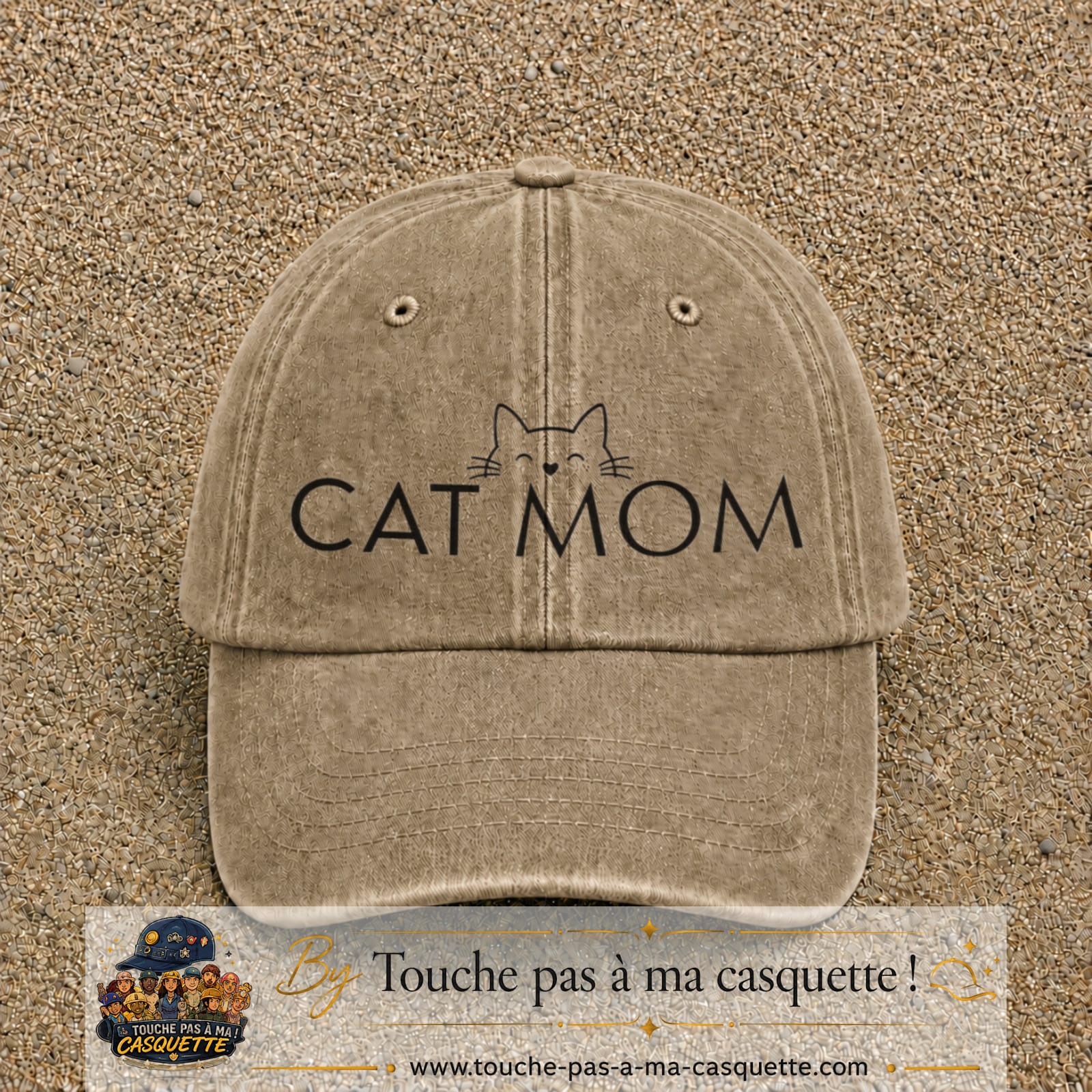 Casquette Beige foncé délavé 100% coton avec motif Cat Mom 7 cm - image principale