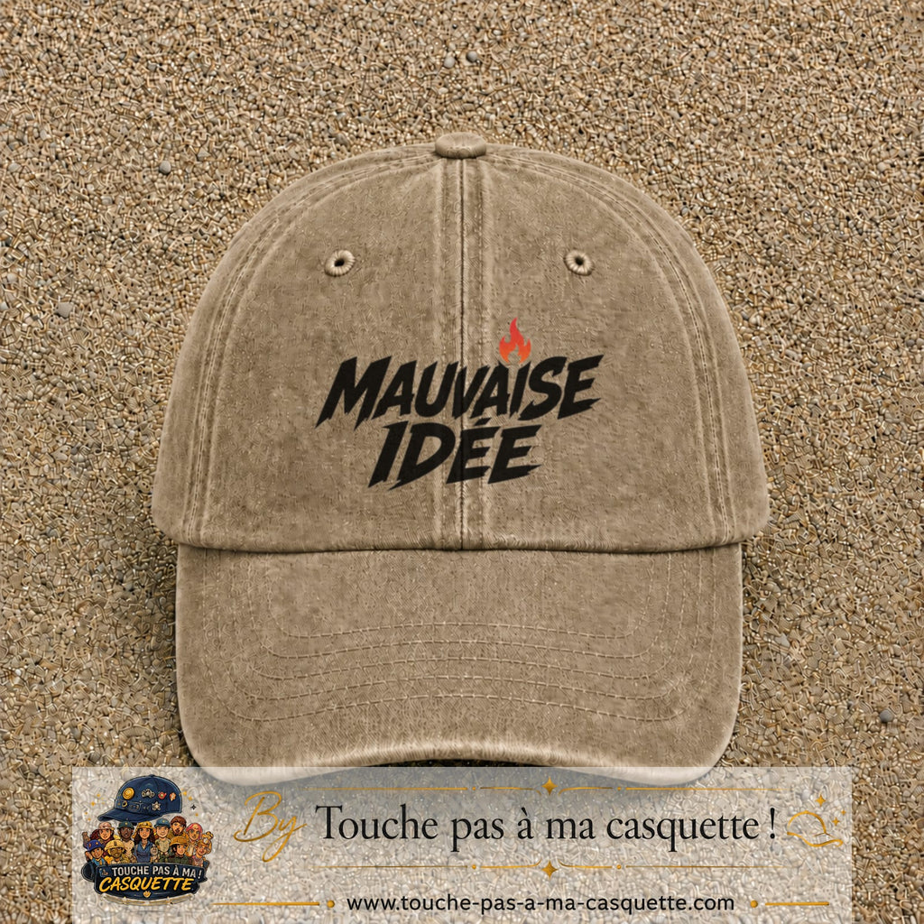 Casquette Beige foncé délavé 100% coton avec motif Mauvaise idée 7 cm - image principale