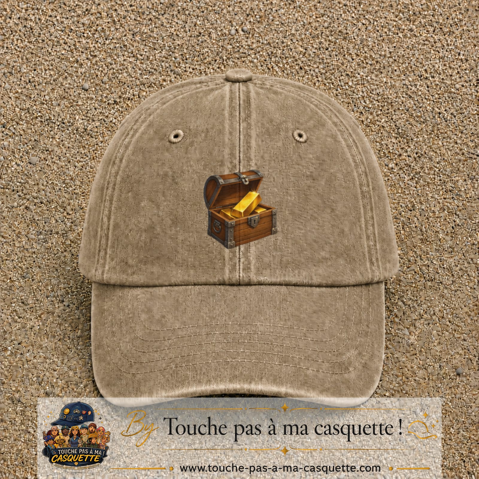 Casquette baseball Beige foncé délavé 100% coton avec motif Coffre au trésor 5 cm - image principale