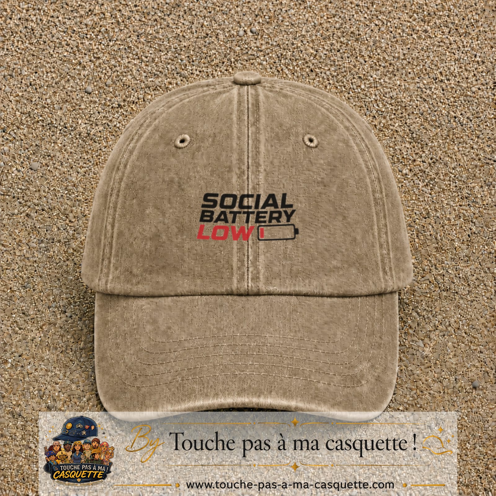 Casquette Beige foncé délavé 100% coton avec motif Social Battery Low 3 cm - image principale