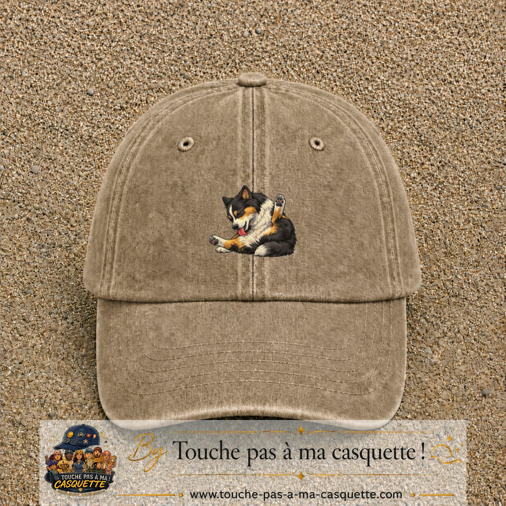Casquette baseball Beige foncé délavé 100% coton avec motif Chien joueur 5 cm - image principale