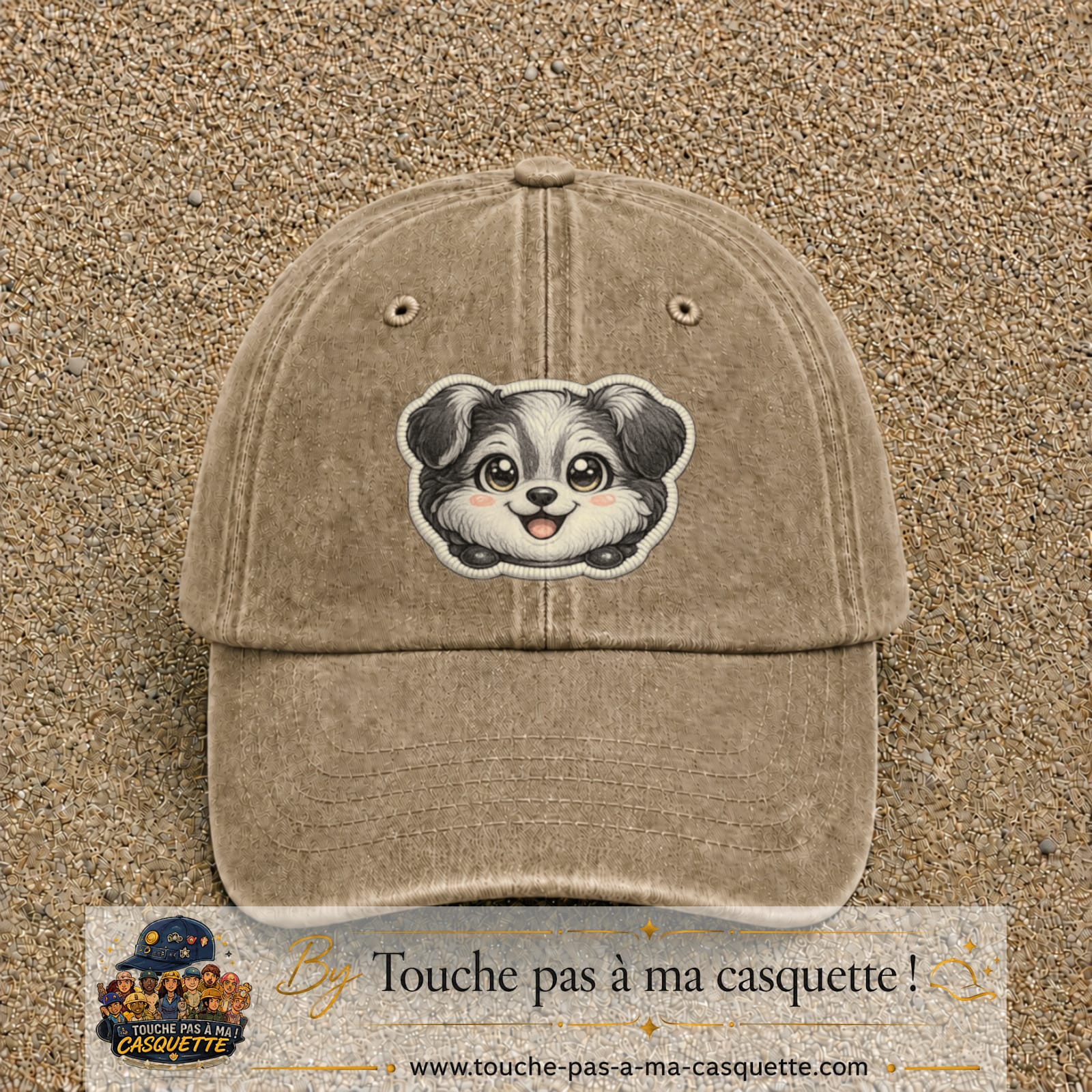 Casquette Beige foncé délavé motif Chiot peluche 7 cm - vue principale