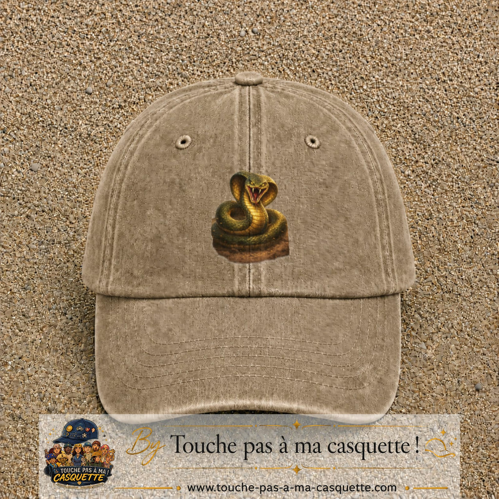 Casquette baseball Beige foncé délavé 100% coton avec visuel Cobra réaliste 7 cm - image produit principale