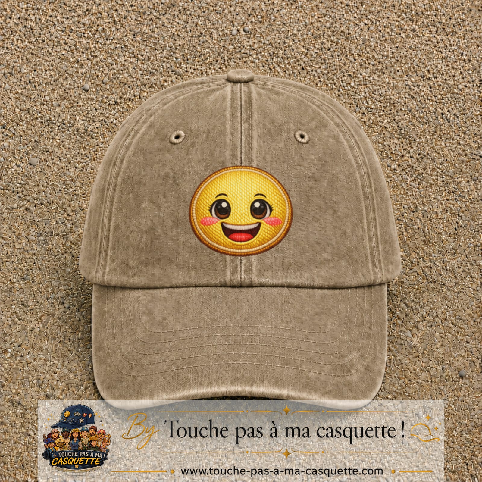 Casquette Beige foncé délavé motif Smiley joyeux 7 cm - vue principale