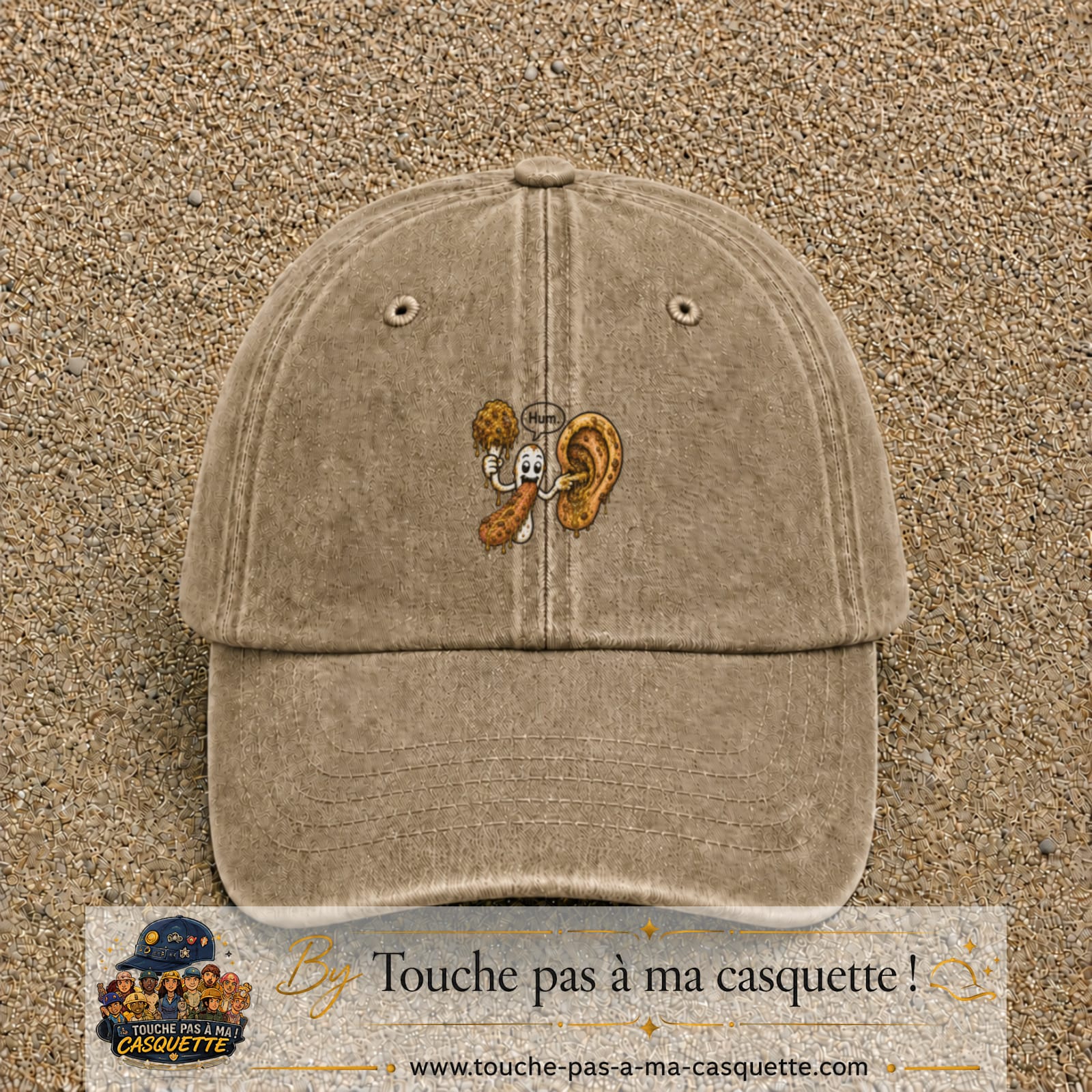Casquette baseball Beige foncé délavé 100% coton avec visuel Oreille gourmande 5 cm - image produit principale
