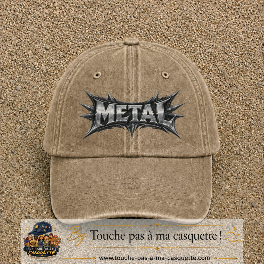 Casquette baseball Beige foncé délavé 100% coton avec visuel Typographie métal 7 cm - image produit principale