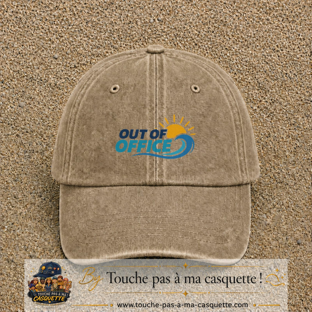 Casquette Beige foncé délavé 100% coton avec motif Out of Office vague soleil 5 cm - image principale