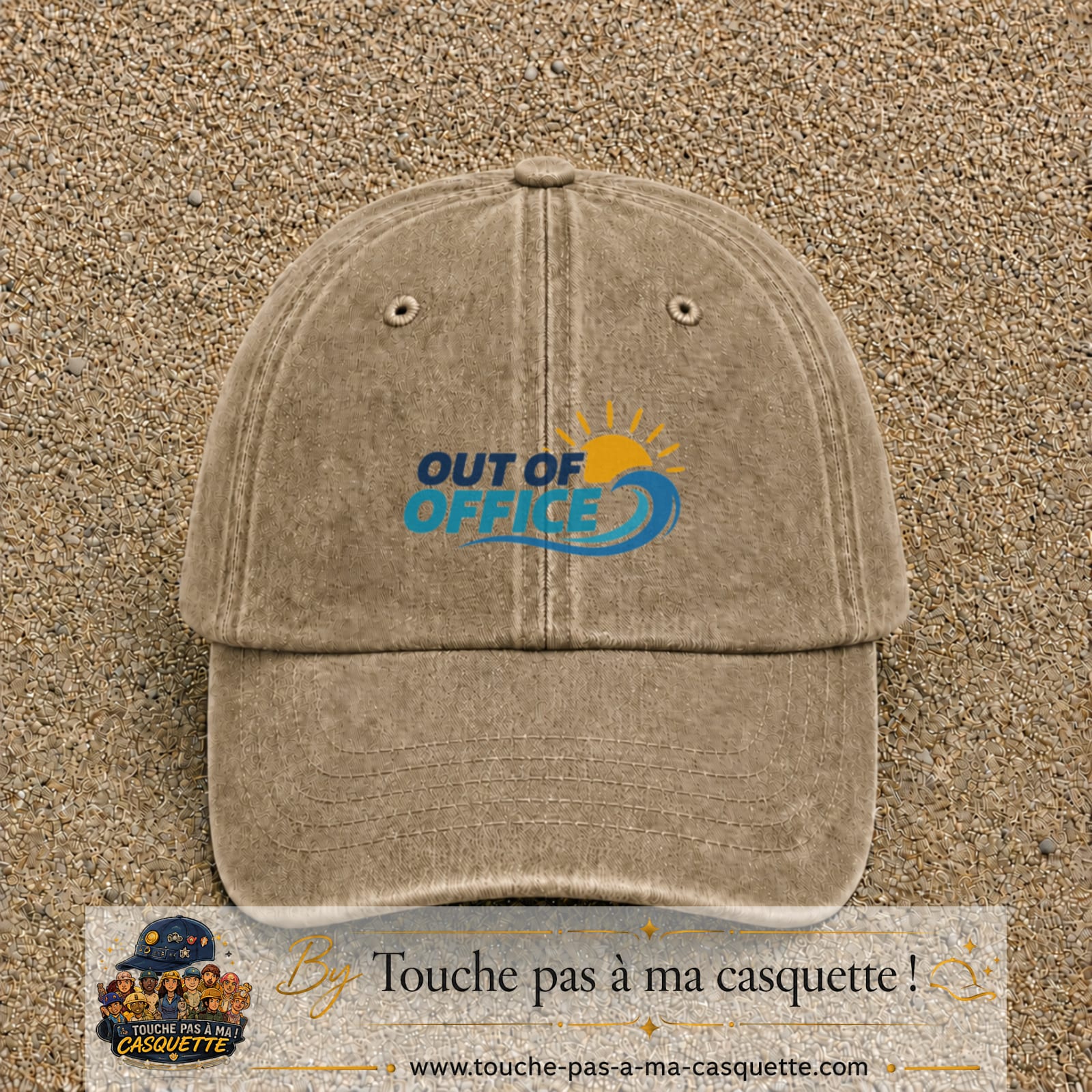 Casquette Beige foncé délavé 100% coton avec motif Out of Office vague soleil 5 cm - image principale