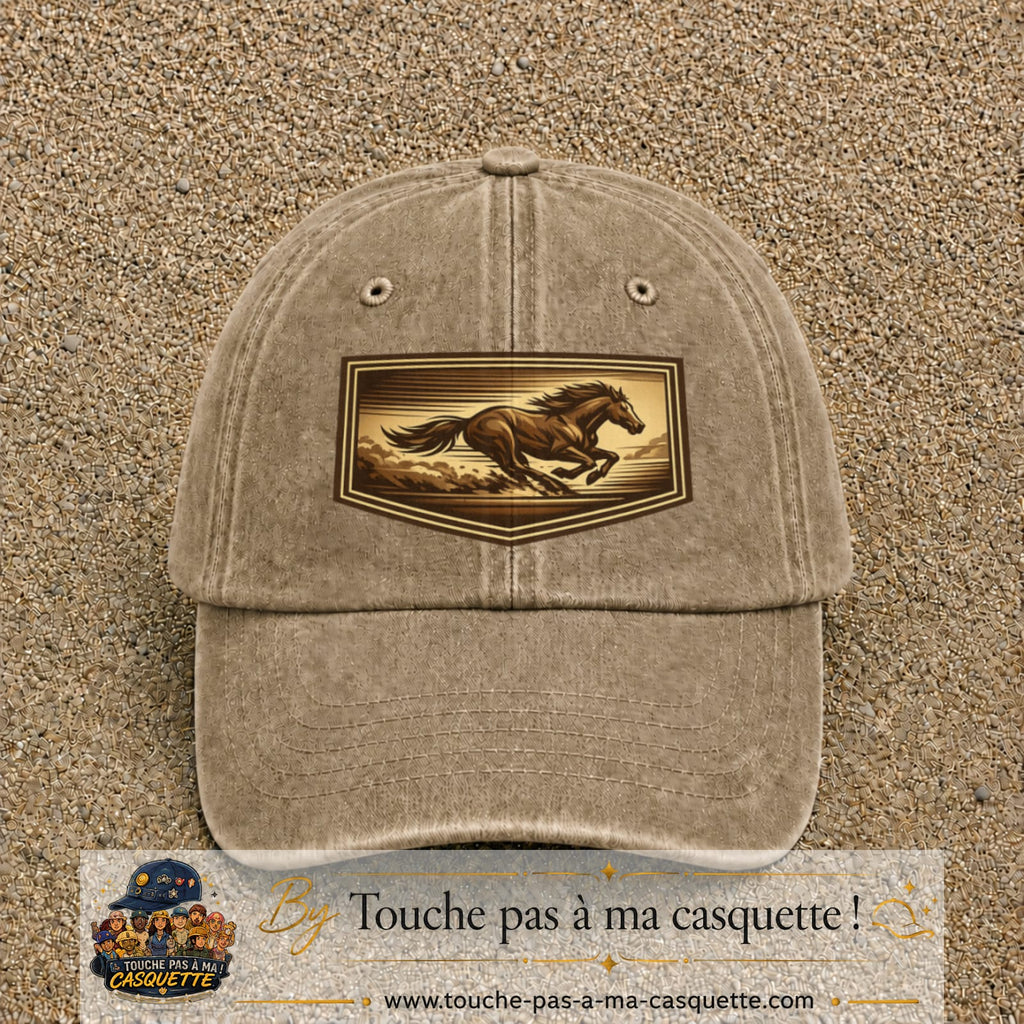Casquette baseball Beige foncé délavé 100% coton avec visuel Cheval en course 7 cm - image produit principale