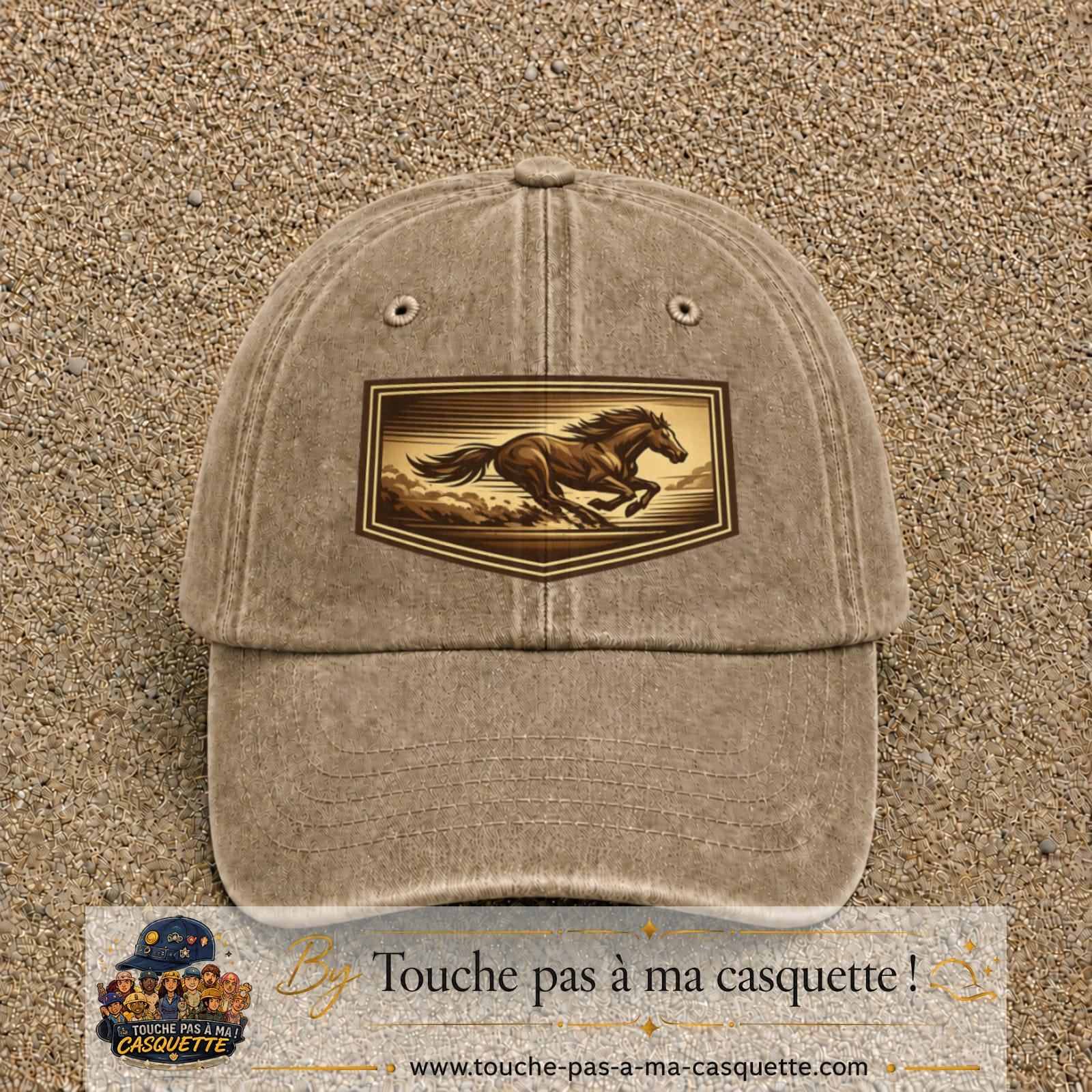 Casquette baseball Beige foncé délavé 100% coton avec visuel Cheval en course 7 cm - image produit principale