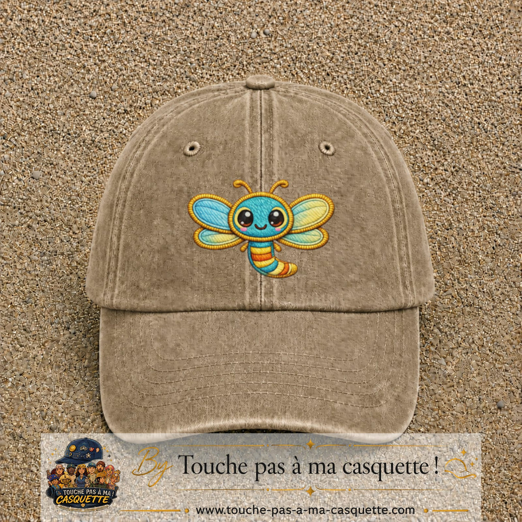 Casquette Beige foncé délavé motif Libellule multicolore 7 cm - vue principale