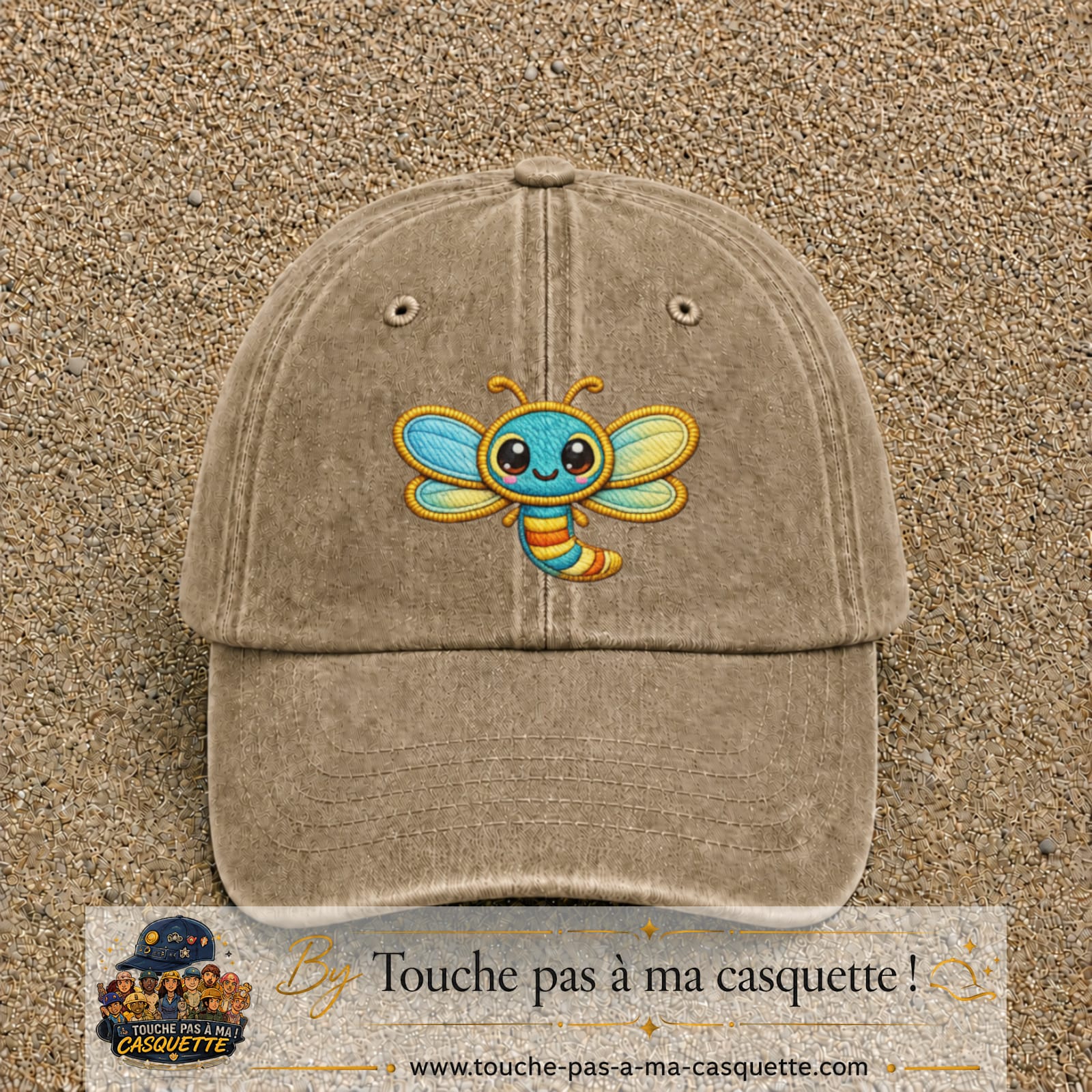Casquette Beige foncé délavé motif Libellule multicolore 7 cm - vue principale