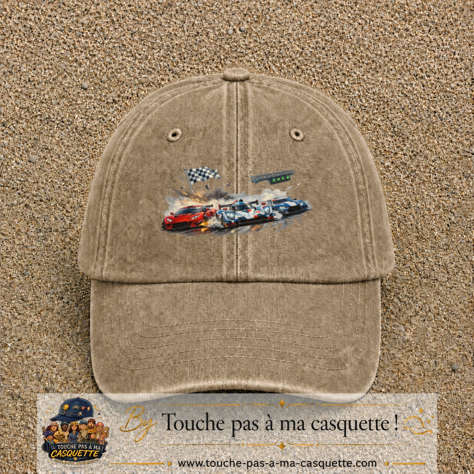 Casquette baseball Beige foncé délavé 100% coton avec motif Voitures de course 7 cm - image principale