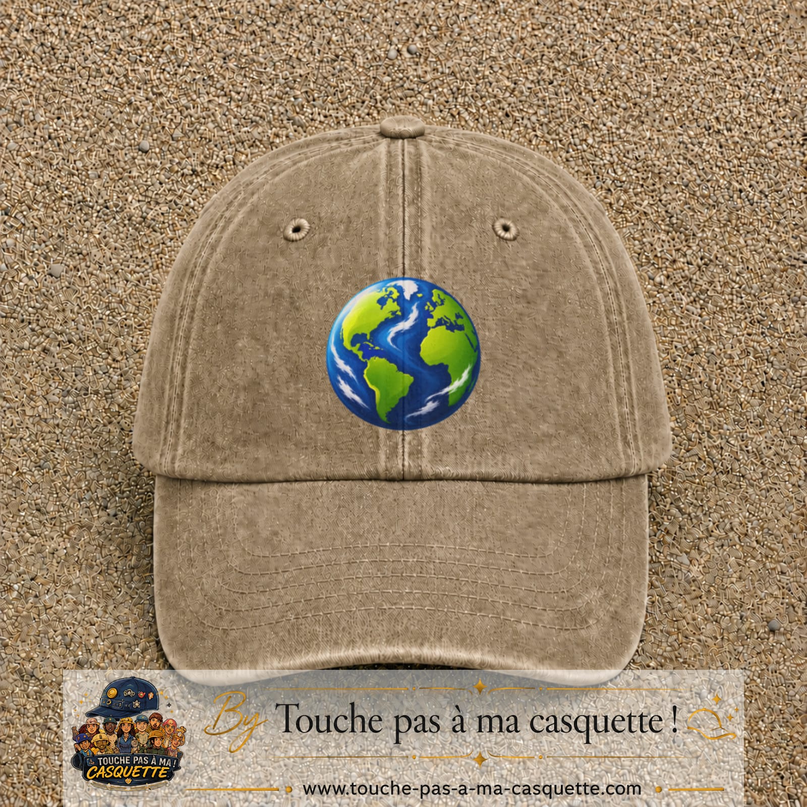 Casquette baseball Beige foncé délavé 100% coton avec visuel Planète Terre cartoon 7 cm - image produit principale