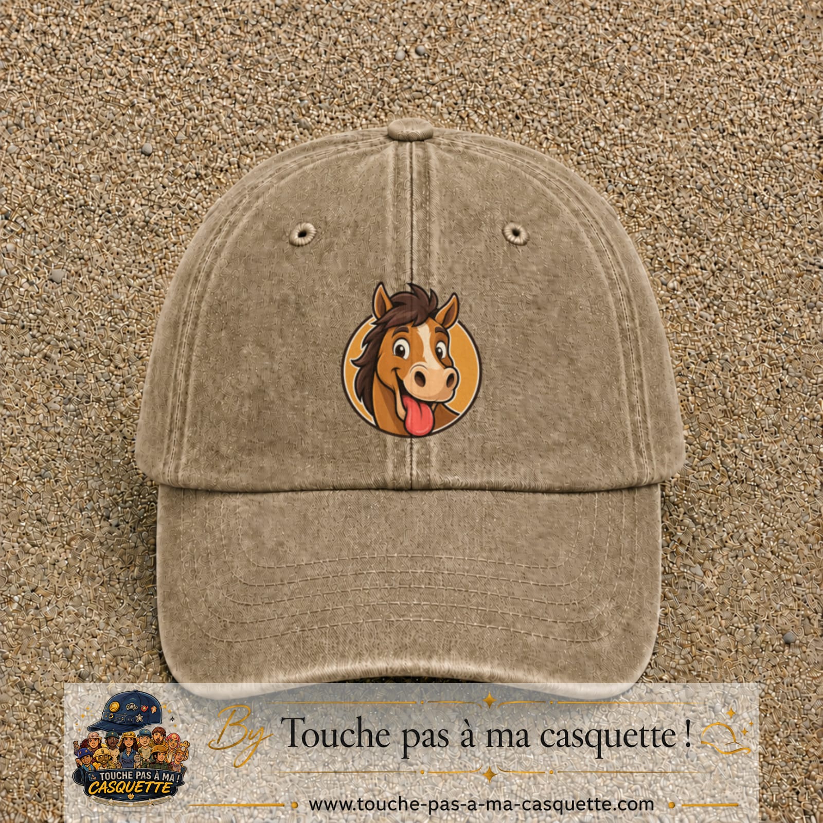 Casquette baseball Beige foncé délavé 100% coton avec visuel Cheval langue tirée 7 cm - image produit principale