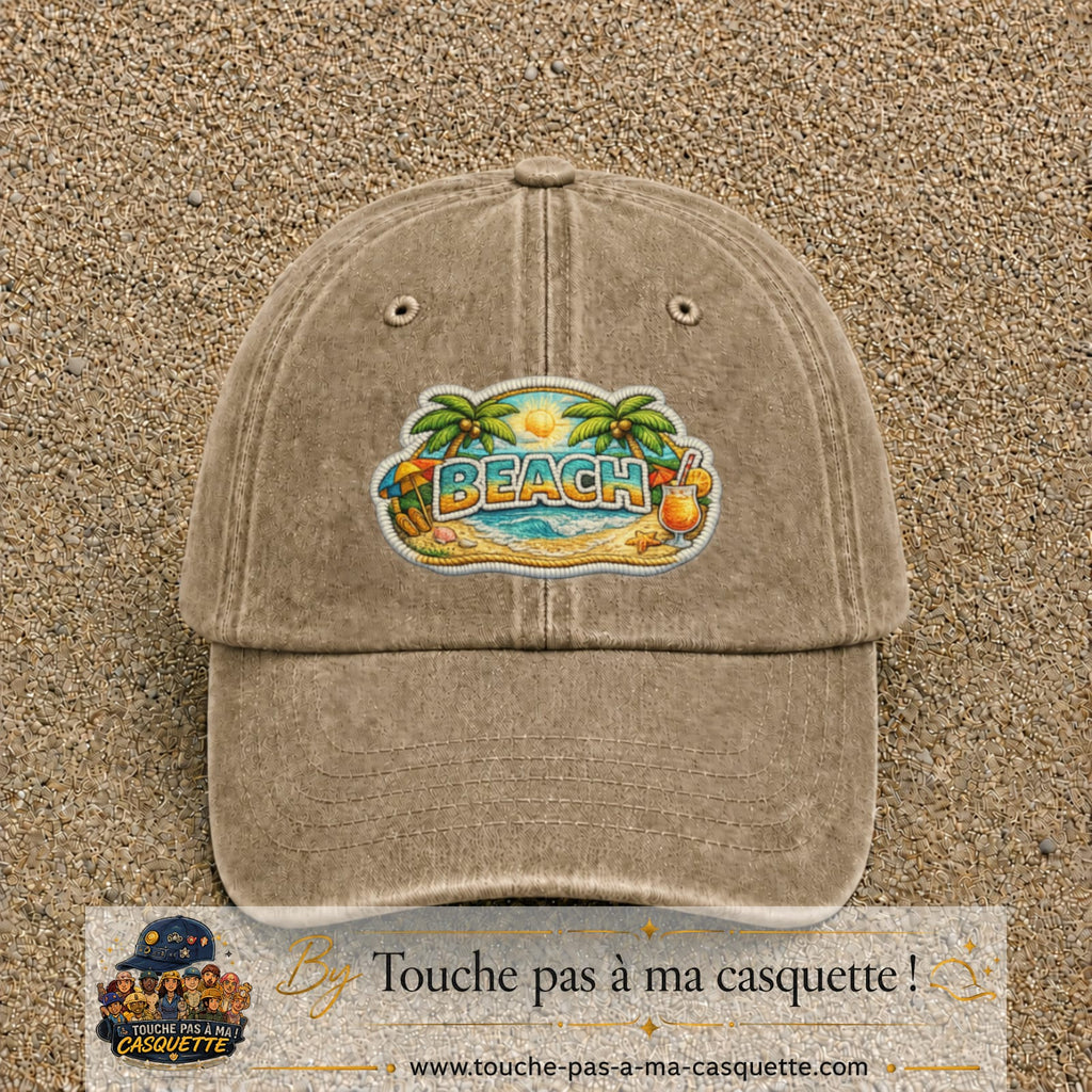 Casquette Beige foncé délavé motif Plage tropicale Beach 7 cm - vue principale