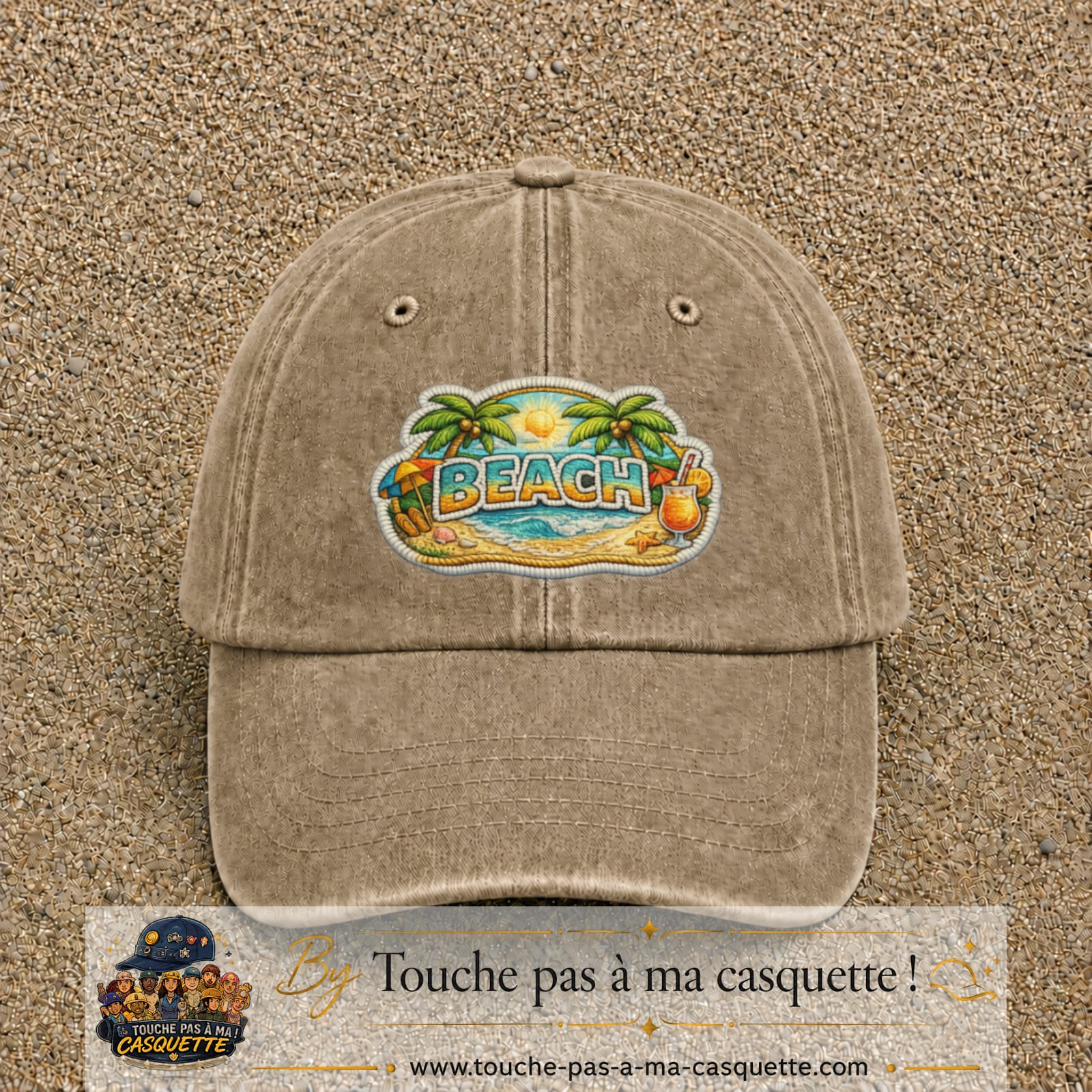 Casquette Beige foncé délavé motif Plage tropicale Beach 7 cm - vue principale