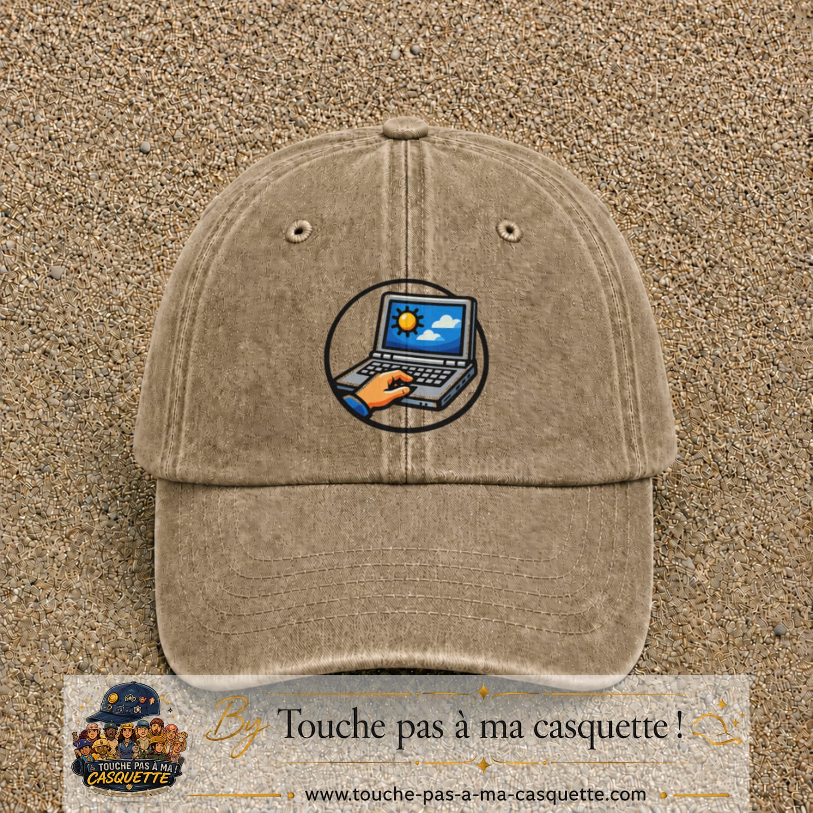 Casquette Beige foncé délavé 100% coton avec motif Ordinateur portable météo 7 cm - image principale