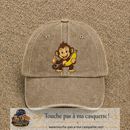 Casquette baseball Beige foncé délavé 100% coton avec motif Singe à la banane 7 cm - image principale
