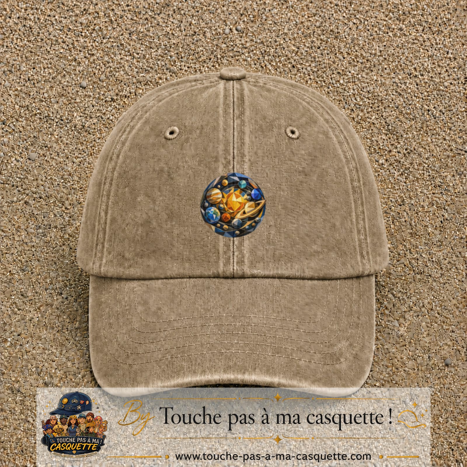 Casquette baseball Beige foncé délavé 100% coton avec visuel Planètes géométriques 5 cm - image produit principale