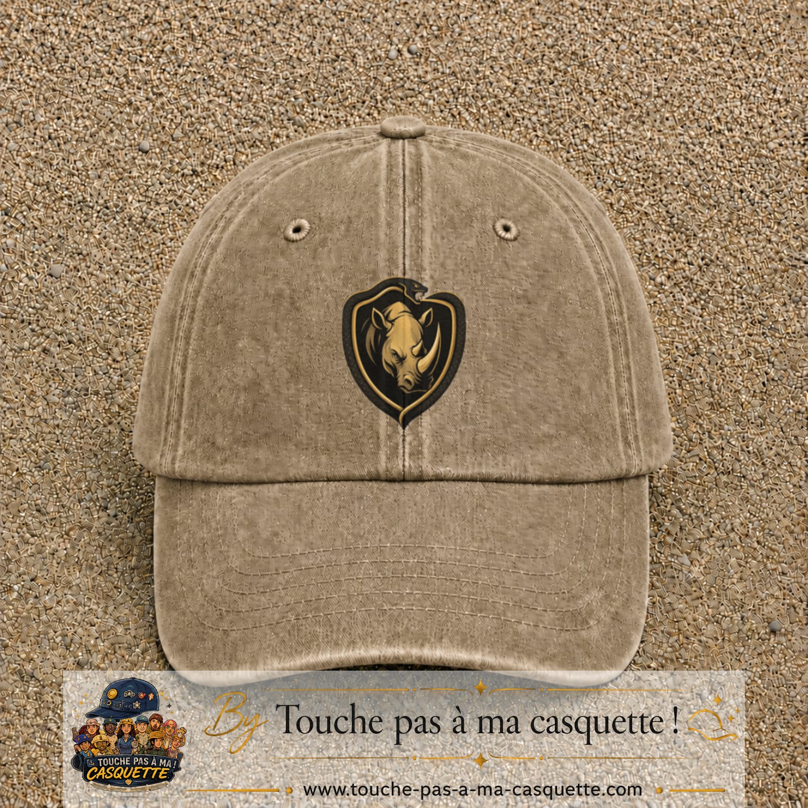 Casquette baseball Beige foncé délavé 100% coton avec visuel Écusson rhinocéros 7 cm - image produit principale