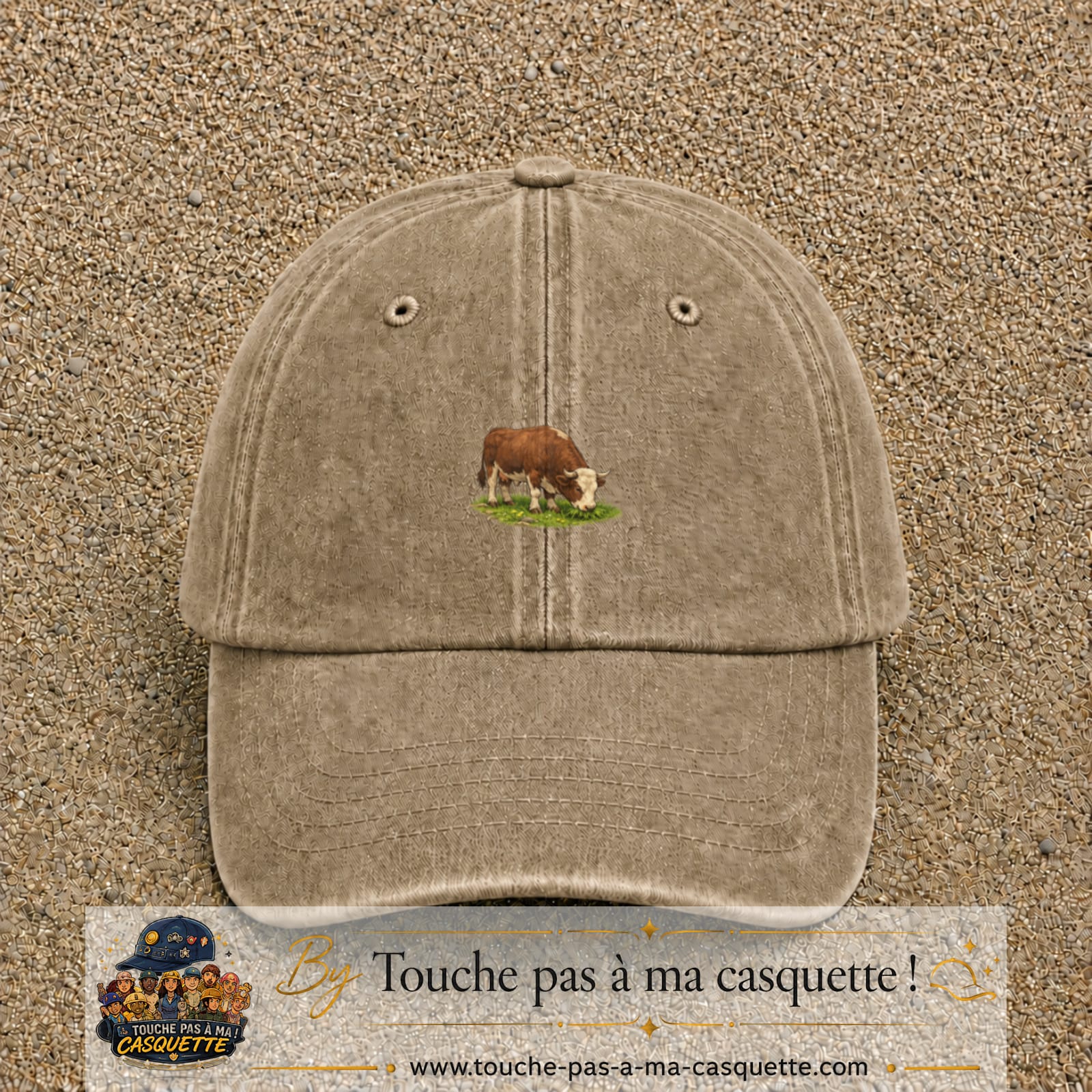 Casquette baseball Beige foncé délavé 100% coton avec motif Vache brune 3 cm - image principale