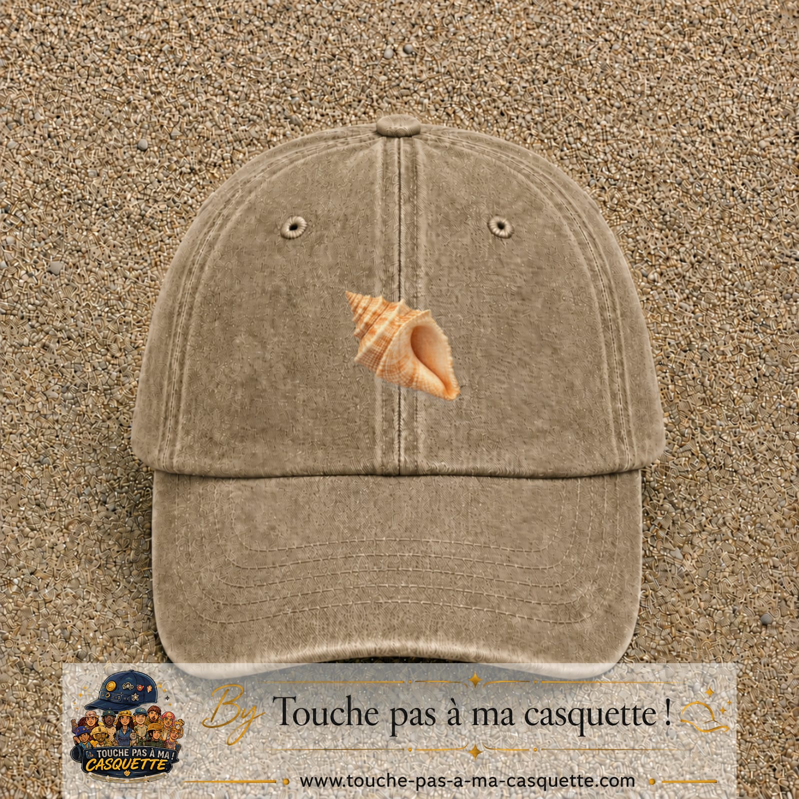 Casquette baseball Beige foncé délavé 100% coton avec visuel Coquillage marin 5 cm - image produit principale