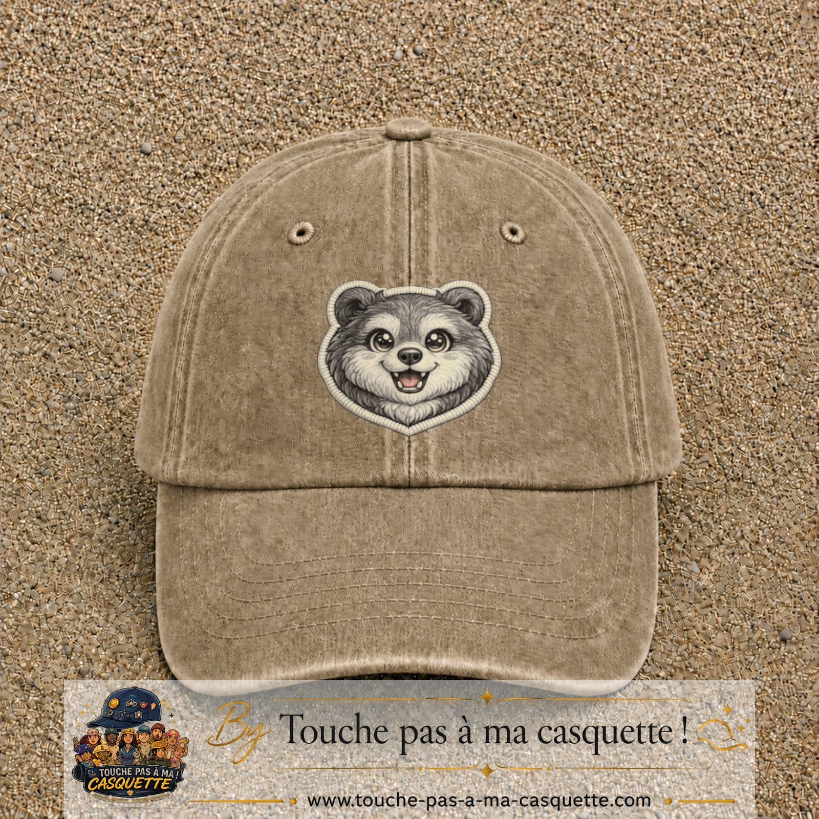 Casquette Beige foncé délavé motif Ourson joyeux 7 cm - vue principale