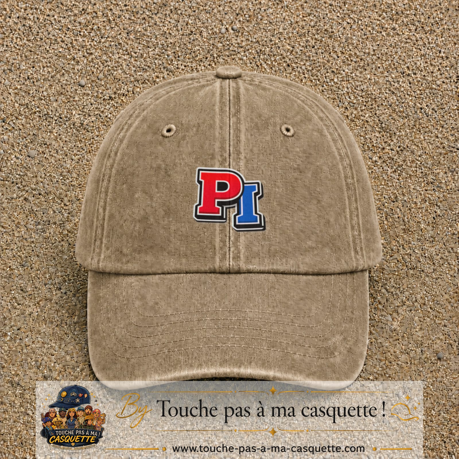 Casquette Beige foncé délavé 100% coton avec motif Initiales PI rouge et bleu 5 cm - image principale