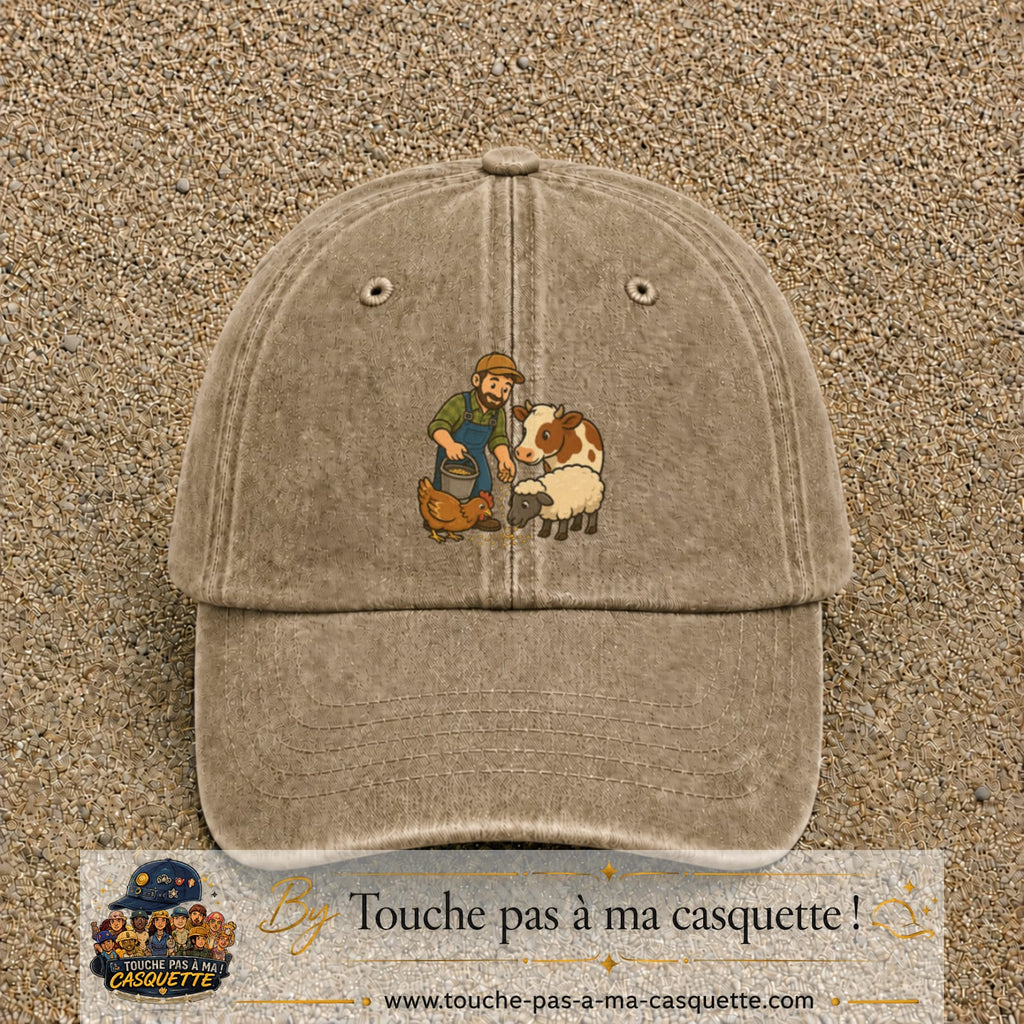 Casquette Beige foncé délavé 100% coton avec motif Fermier et animaux 7 cm - image principale