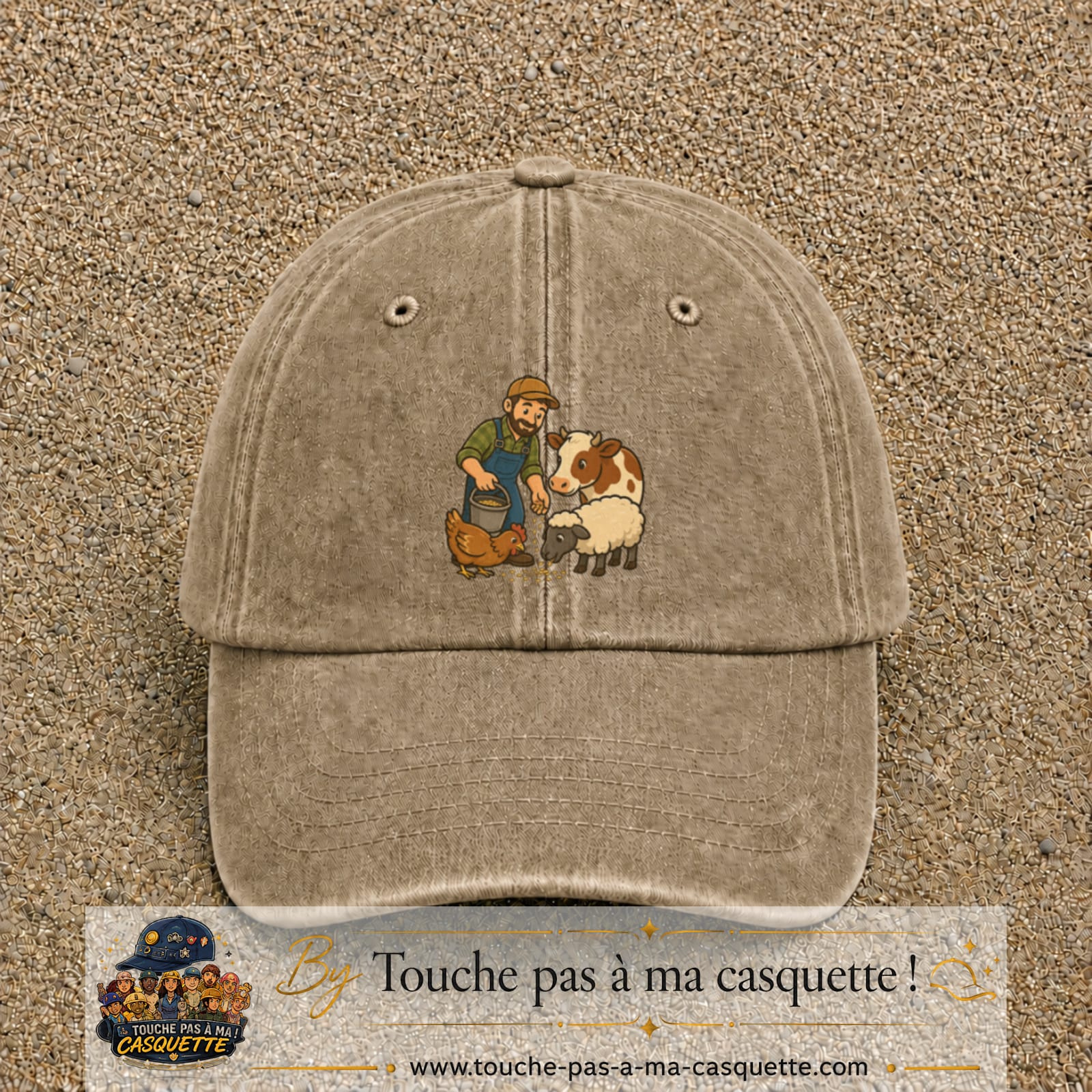 Casquette Beige foncé délavé 100% coton avec motif Fermier et animaux 7 cm - image principale