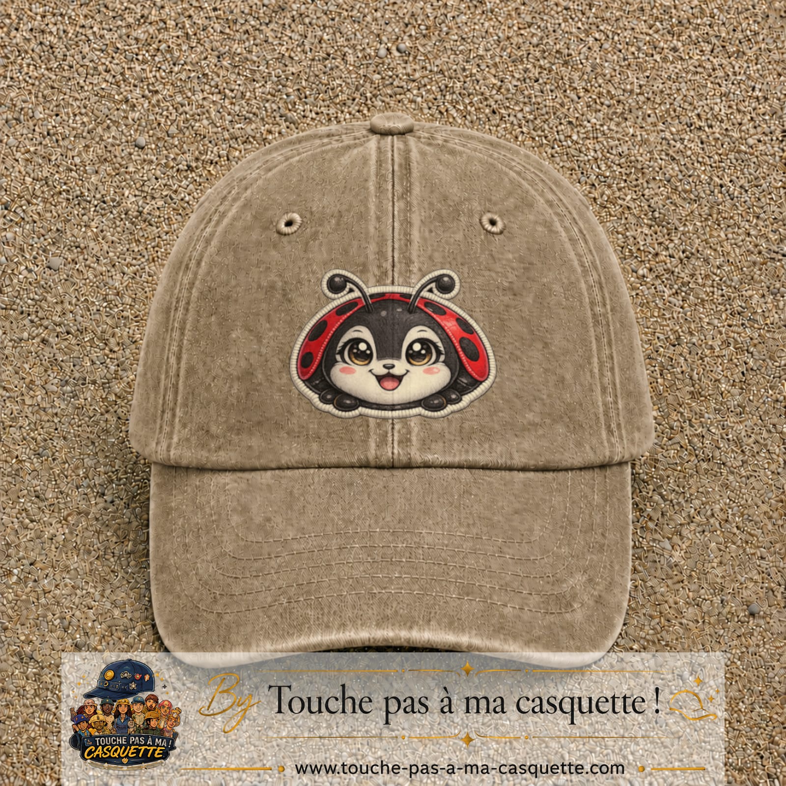 Casquette Beige foncé délavé motif Coccinelle rouge 7 cm - vue principale