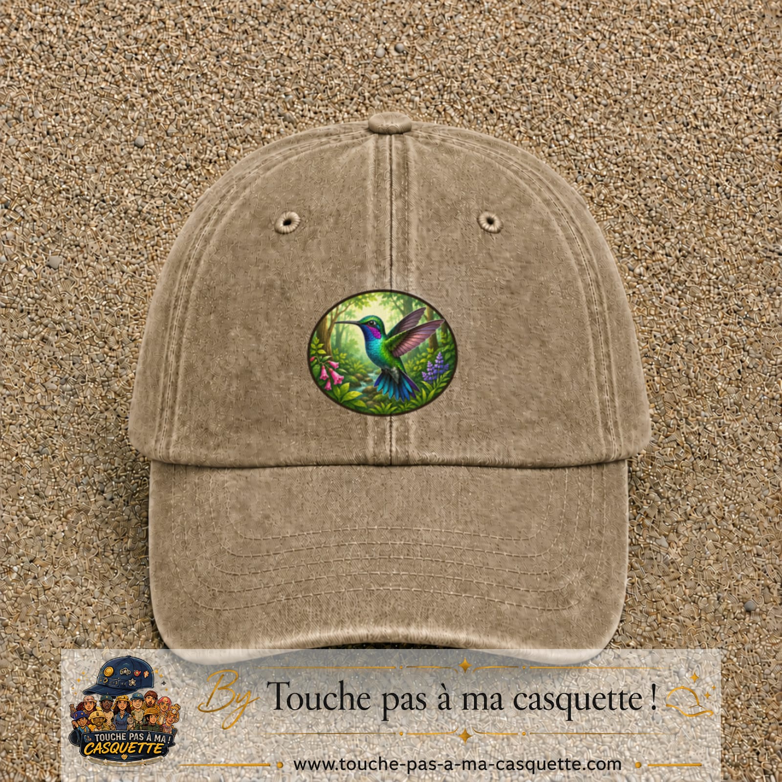 Casquette baseball Beige foncé délavé 100% coton avec visuel Colibri tropical 7 cm - image produit principale