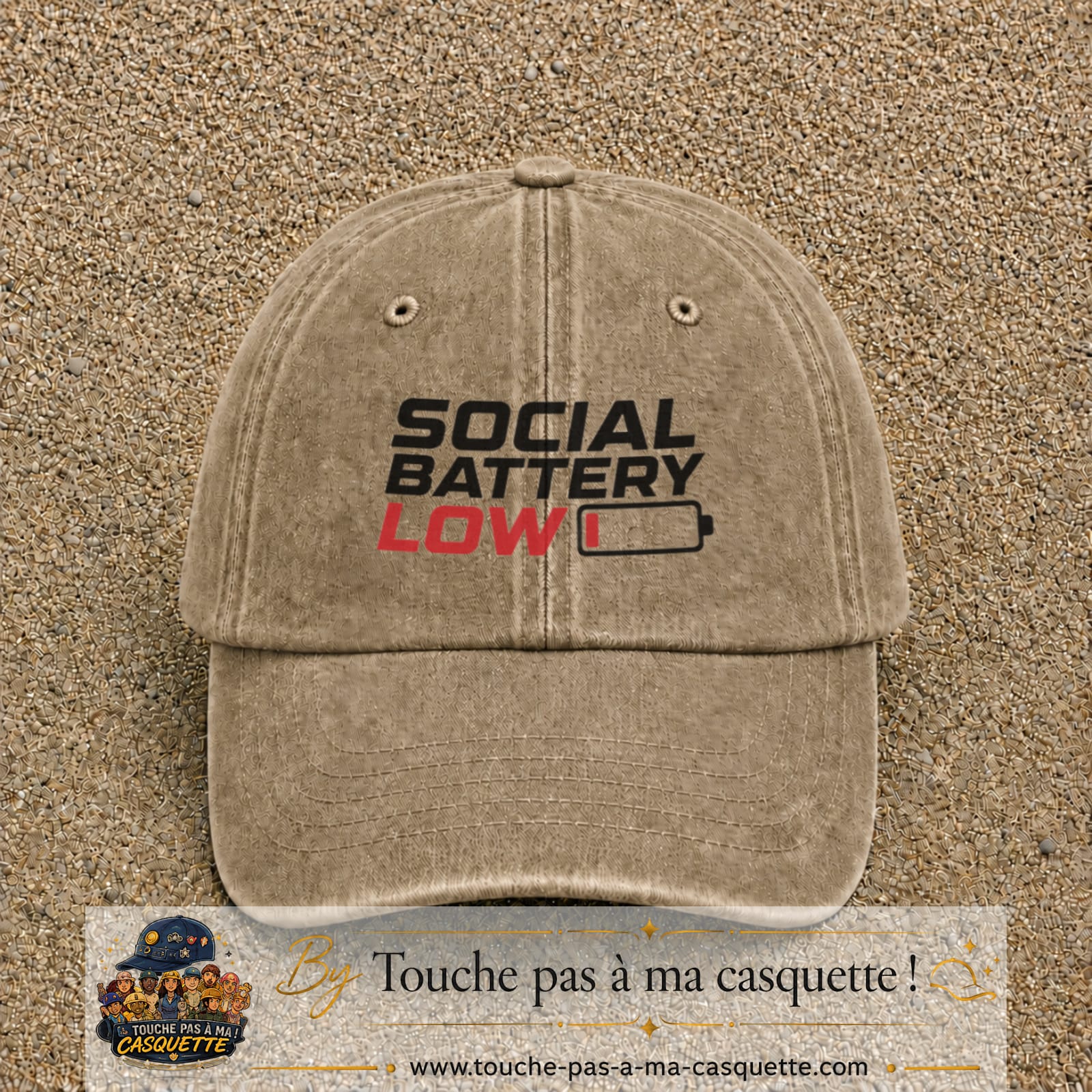 Casquette Beige foncé délavé 100% coton avec motif Social Battery Low 7 cm - image principale