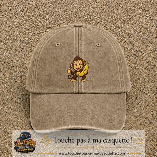 Casquette baseball Beige foncé délavé 100% coton avec motif Singe à la banane 5 cm - image principale
