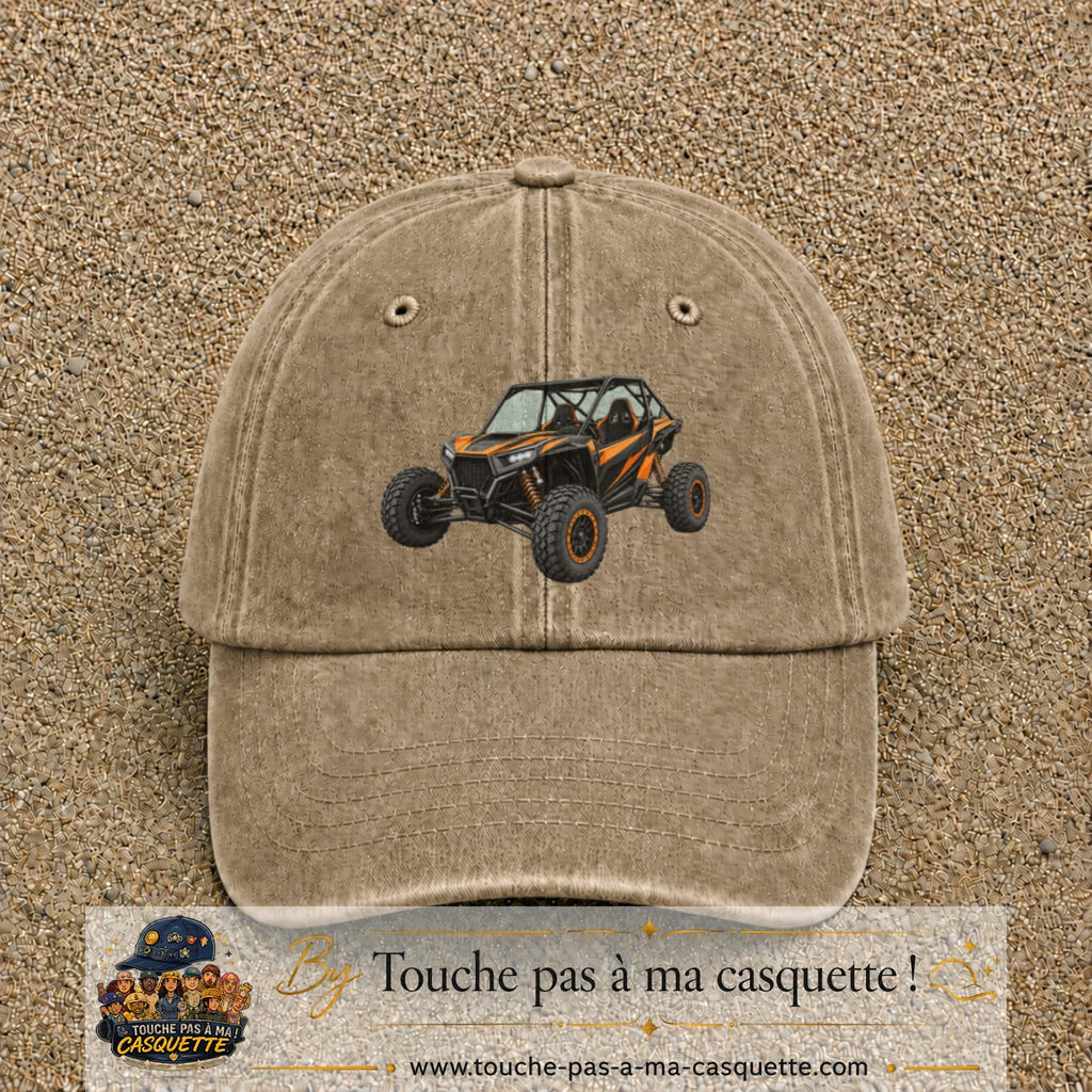 Casquette Beige foncé délavé 100% coton avec motif Buggy tout-terrain orange 7 cm - image principale