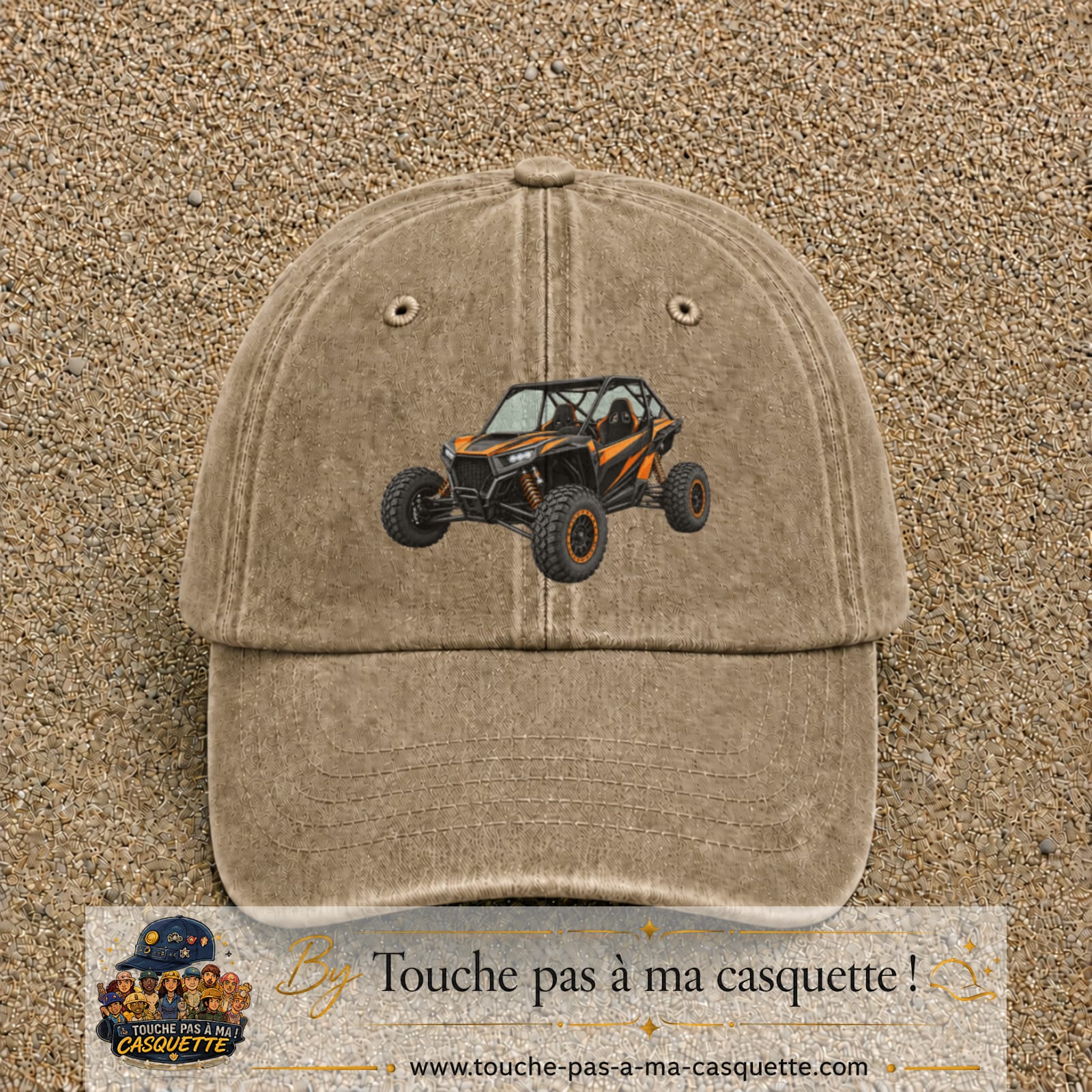 Casquette Beige foncé délavé 100% coton avec motif Buggy tout-terrain orange 7 cm - image principale