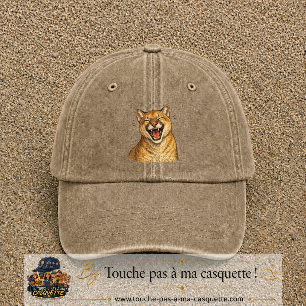 Casquette Beige foncé délavé 100% coton avec motif Félin sauvage qui rit 7 cm - image principale