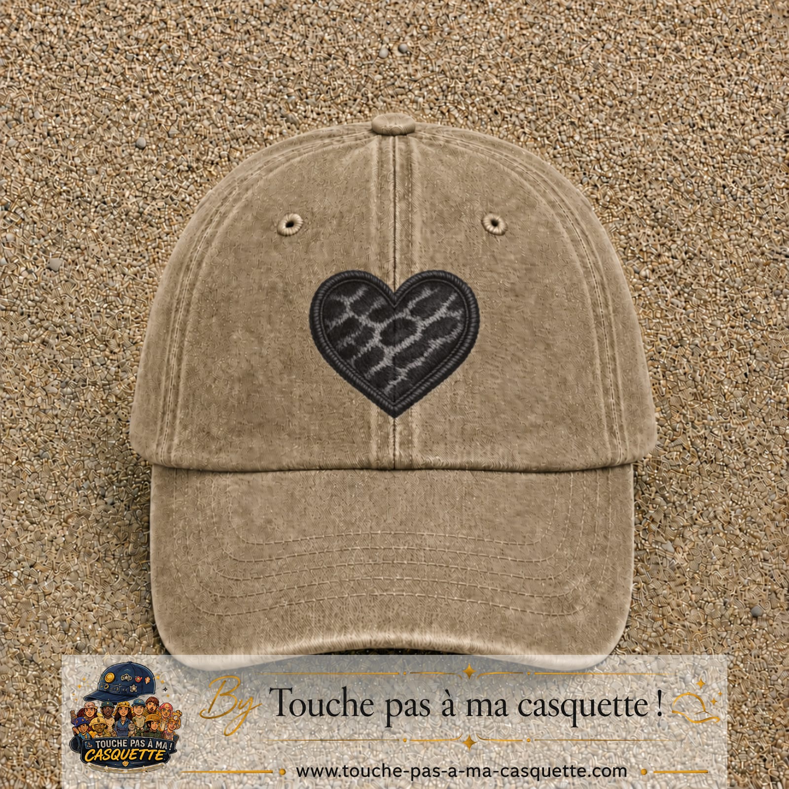 Casquette Beige foncé délavé motif Cœur félin 7 cm - vue principale